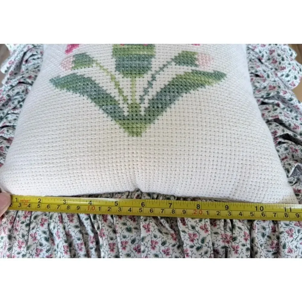 Charming Handmade Needlepoint Flowers Accent Pillows Ruffled Ditsy Floral Trim